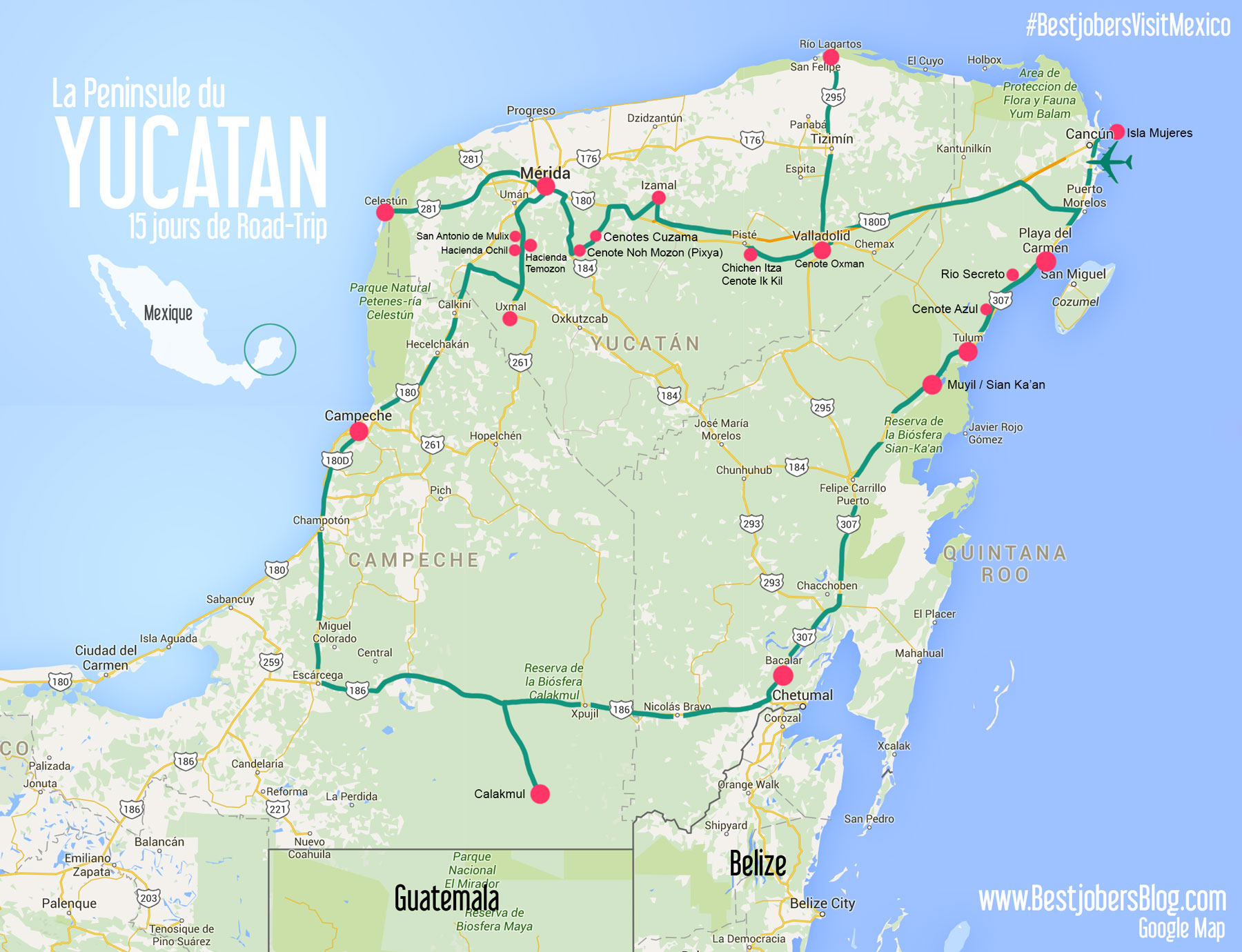 Road-trip Yucatan carte détaillée Bestjobers