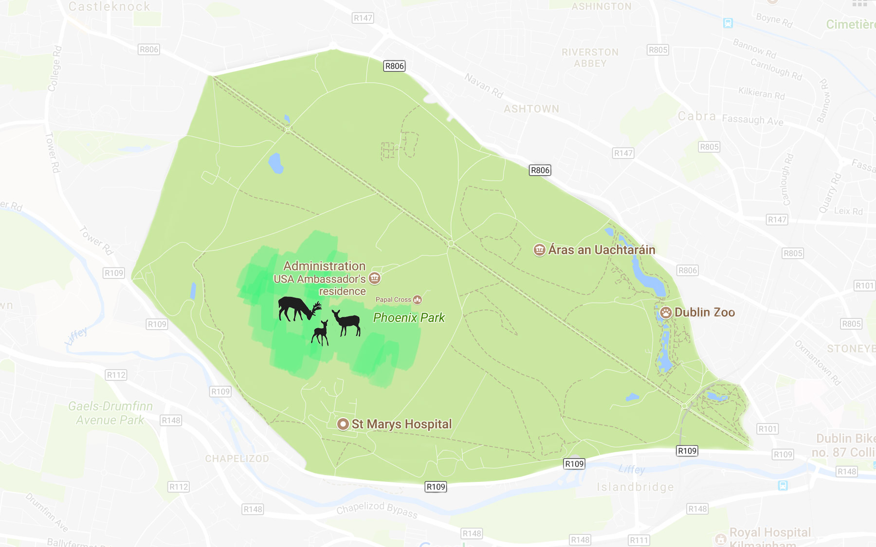 Carte: Meilleur endroit pour voir les Biches à Phoenix Park, Dublin